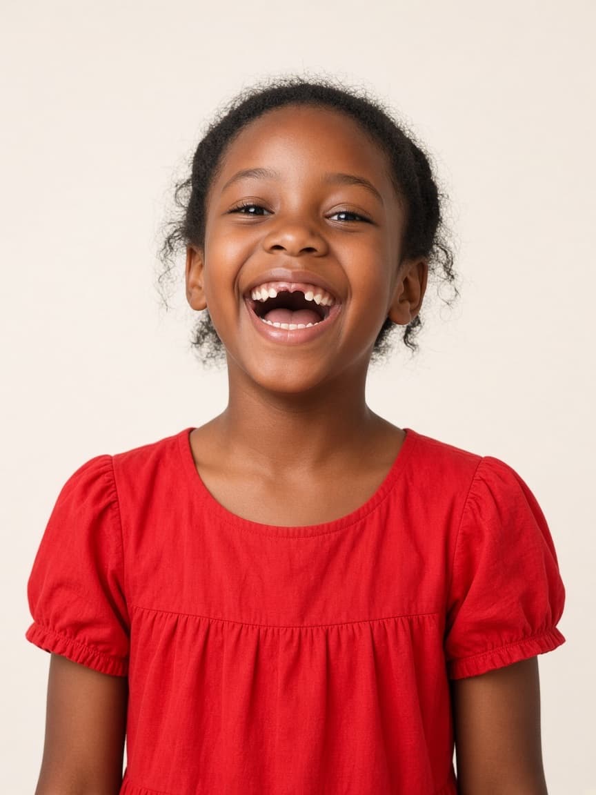 Young African girl in a bright red dress, laughing joyfully toward the camera