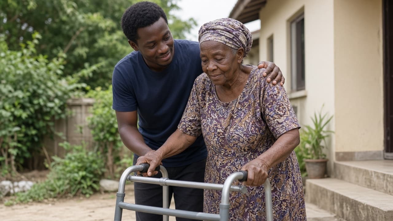 Young African man offering compassionate care to an elder